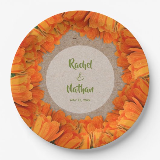オレンジチューリップオンクラフトパターン紙プレート ペーパープレート (正面)
