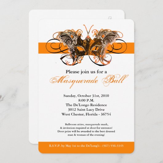 オレンジチョウの仮面仮装ハロウィーン 招待状 (正面/裏面)