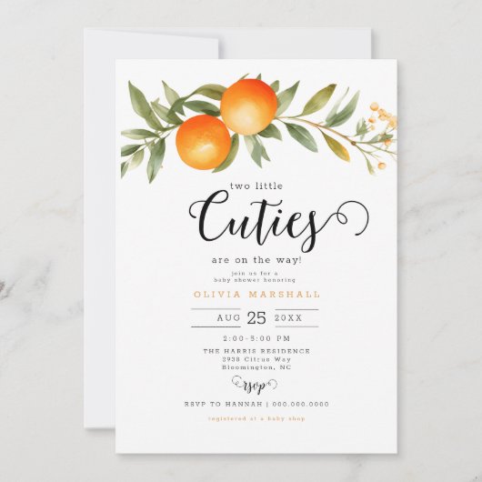 オレンジツーリトルかわいこちゃんツインベビーシャワー 招待状 (正面)