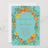 オレンジティール（緑がかった色）アクア牡丹バラフローラ結婚ズ 招待状 (正面)