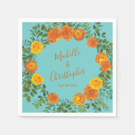 オレンジティール（緑がかった色）アクア牡丹&バラフローラ結婚ズ スタンダードカクテルナプキン