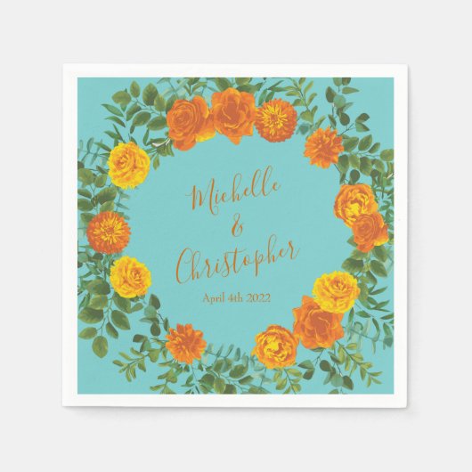 オレンジティール（緑がかった色）アクア牡丹&バラフローラ結婚ズ スタンダードカクテルナプキン (正面)