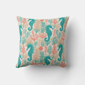 オレンジティール(緑がかった色)シーホースビーチシー海洋生物パターン クッション (裏面)