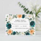 オレンジティール（緑がかった色）ターコイズブルーウェディングRSVPカード 出欠カード (スタンド正面)