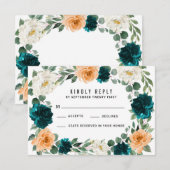 オレンジティール（緑がかった色）ターコイズブルーウェディングRSVPカード 出欠カード (正面/裏面)