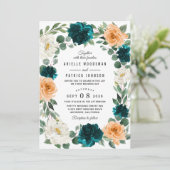 オレンジティール(緑がかった色)ターコイズブルーエレガントフローラ結婚ズ 招待状 (スタンド正面)