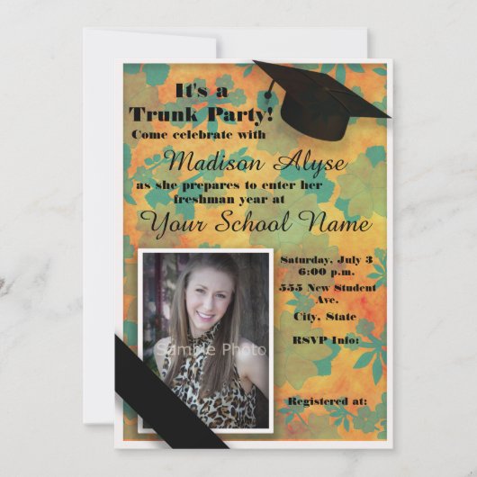 オレンジティール（緑がかった色）フローラトランクカレッジパーティー写真 招待状 (正面)