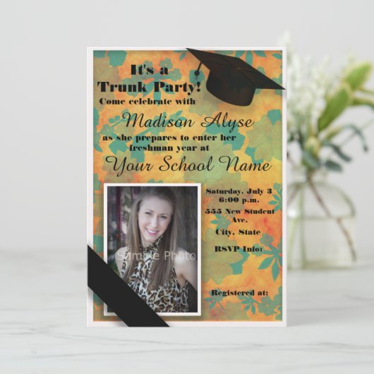 オレンジティール(緑がかった色)フローラトランクカレッジパーティー写真 招待状 (スタンド正面)