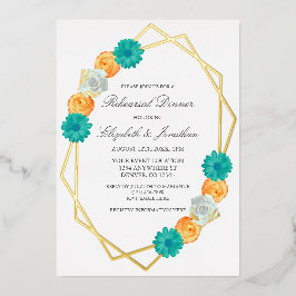 オレンジティール(緑がかった色)フローラ幾何リハーサルディナー 箔招待状
