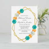 オレンジティール（緑がかった色）フローラ幾何リハーサルディナー 箔招待状 (立ち正面)