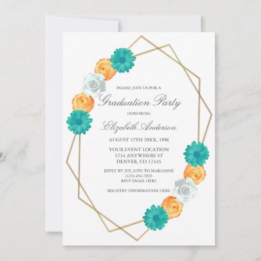 オレンジティール（緑がかった色）フローラ幾何学卒業 招待状 (正面)