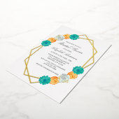 オレンジティール（緑がかった色）フローラ幾何学的ブライダルシャワー 箔招待状 (回転した状態)