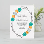 オレンジティール(緑がかった色)フローラ幾何学的ベビーシャワー 箔招待状 (立ち正面)