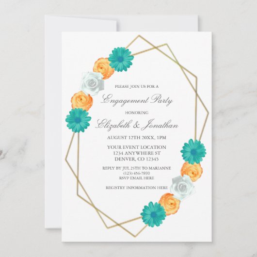 オレンジティール（緑がかった色）フローラ幾何学的婚約パーティ 招待状 (正面)
