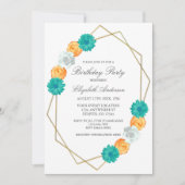 オレンジティール（緑がかった色）フローラ幾何学的誕生日 招待状 (正面)