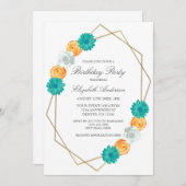オレンジティール（緑がかった色）フローラ幾何学的誕生日 招待状 (正面/裏面)