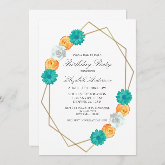 オレンジティール（緑がかった色）フローラ幾何学的誕生日 招待状 (正面/裏面)