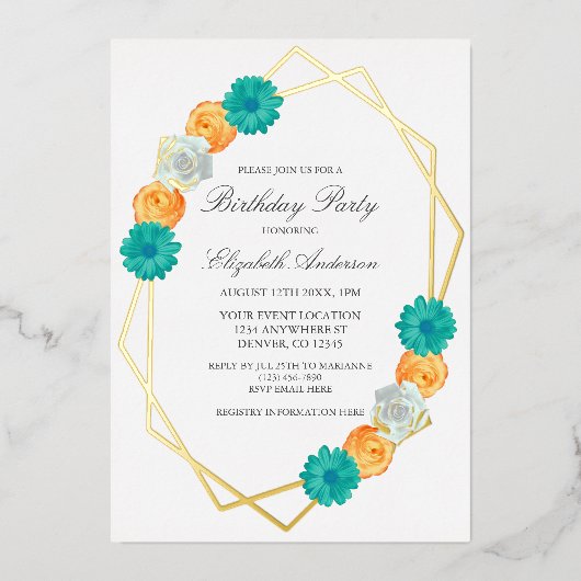 オレンジティール（緑がかった色）フローラ幾何学的誕生日 箔招待状 (正面)