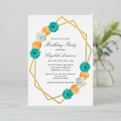 オレンジティール（緑がかった色）フローラ幾何学的誕生日 箔招待状 (立ち正面)
