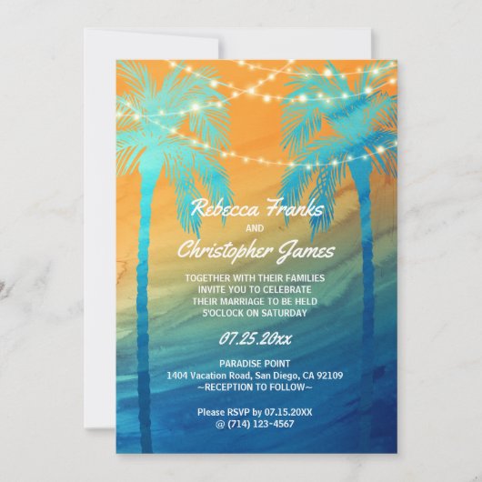 オレンジティール(緑がかった色)ブルートロピカル結婚式招待状 招待状 (正面)