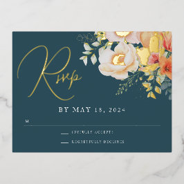 オレンジティール（緑がかった色）ブルー春ピーチフローラウェディングRSVP 箔シーズンポストカード