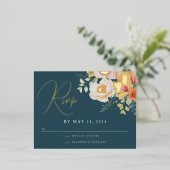 オレンジティール(緑がかった色)ブルー春ピーチフローラウェディングRSVP 箔シーズンポストカード (立ち正面)