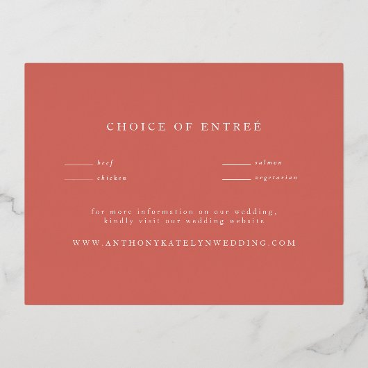 オレンジティール(緑がかった色)ブルー春ピーチフローラウェディングRSVP 箔シーズンポストカード (裏面)