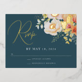 オレンジティール(緑がかった色)ブルー春ピーチフローラウェディングRSVP 箔シーズンポストカード (正面)