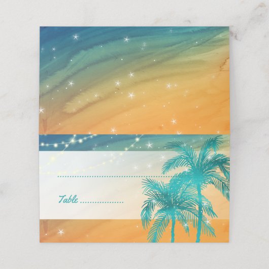 オレンジティール（緑がかった色）ブルー結婚ズパームツリー座席表 プレイスカード (外部開封)