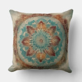 オレンジティール（緑がかった色）レッドプリント クッション (正面)