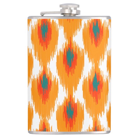 オレンジティール(緑がかった色)抽象芸術トバルイカットダイヤモンドパターン フラスク (正面)