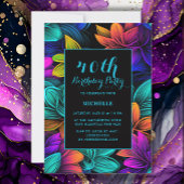 オレンジティール（緑がかった色）紫ネオン花40歳の誕生日 招待状