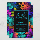 オレンジティール（緑がかった色）紫色のネオン花任意の年齢誕生日 招待状 (正面/裏面)