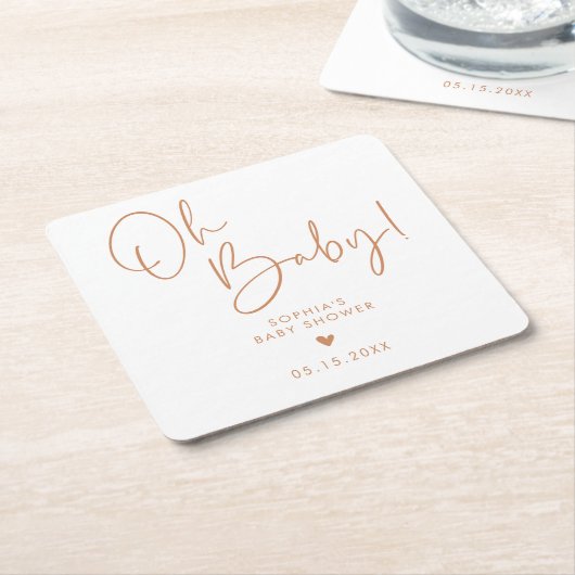 オレンジテラコッタオベビーボホモダンベビーシャワー スクエアペーパーコースター (アングル)