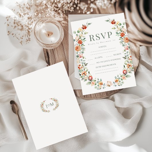 オレンジテラコッタフローラ素朴な結婚式RSVPカード 出欠カード
