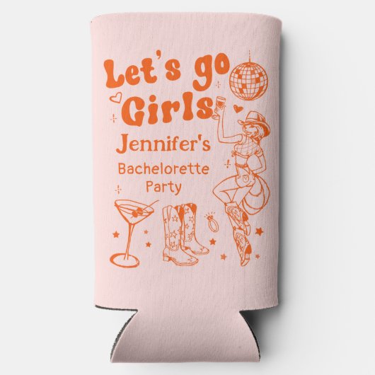 オレンジディスコロデオ女性のカーボーイクールバチェロレッテ スリム缶クーラー (裏面)