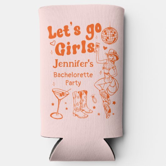 オレンジディスコロデオ女性のカーボーイクールバチェロレッテ スリム缶クーラー (正面)