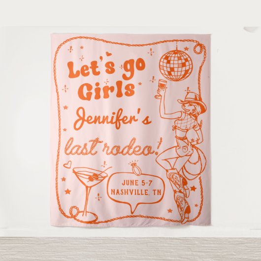 オレンジディスコ女性のカーボーイロデオバチェロレッテウィークエンド タペストリー (正面)