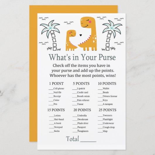 オレンジディノハンドバッグゲームのベビーシャワーの中に何がある (正面/裏面)