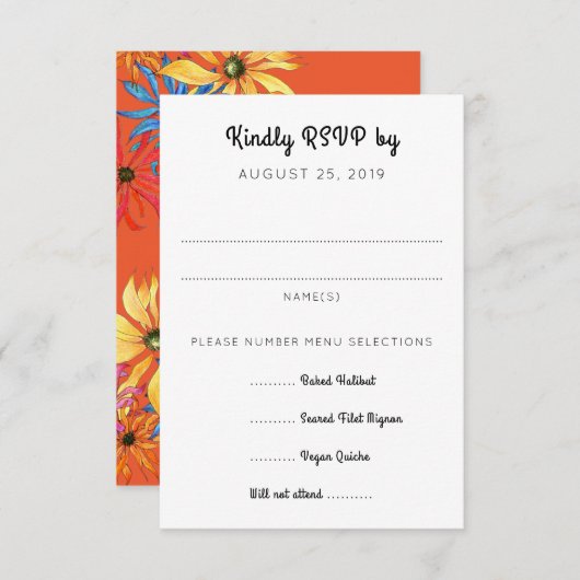 オレンジデイジーアートRSVP With Entrees Enclosure 出欠カード (正面/裏面)