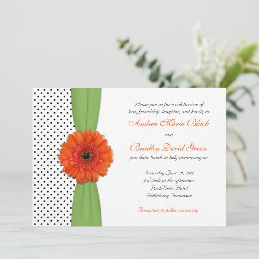 オレンジデイジーグリーン水玉模様結婚式招待状 招待状 (スタンド正面)