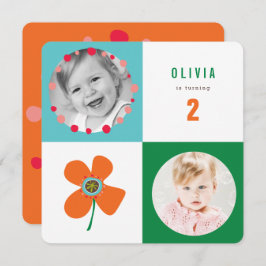 オレンジデイジースポップ・アートのクエアガール誕生日フォト招待状 招待状