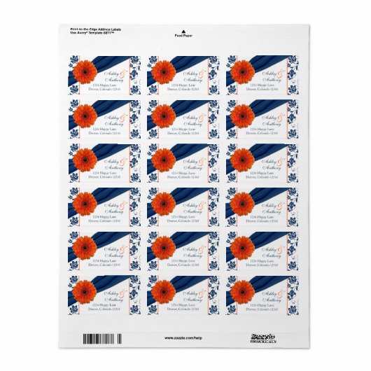 オレンジデイジーネイビーダマスウェディング差出人住所 ラベル (フルシート)