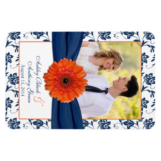 オレンジデイジーネイビー結婚ブルーフローラのフォトマグネット マグネット (横)