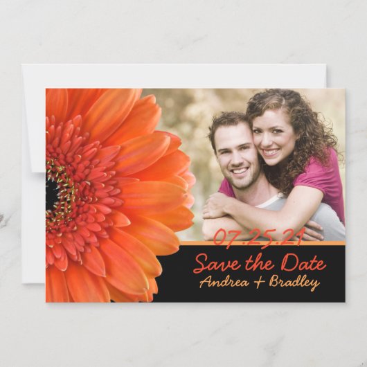 オレンジデイジーフォトウェディング日付磁石を保存 マグネット招待状 (正面)