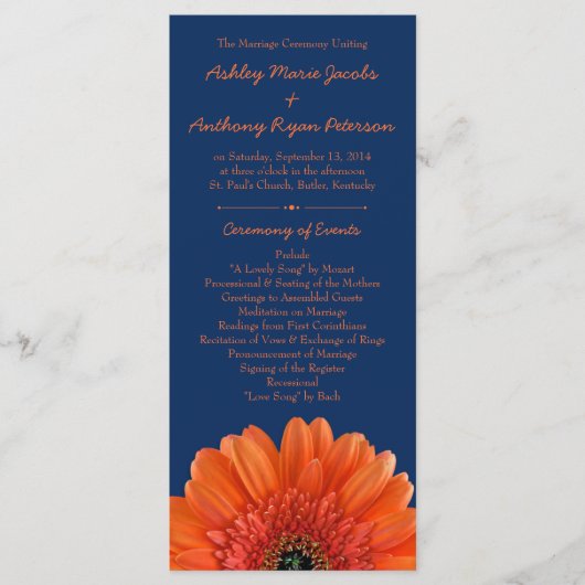 オレンジデイジーフラワーネイビーブルー結婚式 プログラム (正面)