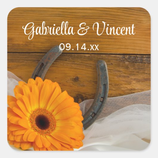 オレンジデイジー&ホースシューカントリーウェスタン結婚ズ スクエアシール (正面)