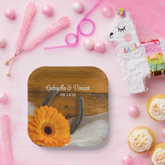 オレンジデイジー&ホースシューカントリーウェスタン結婚ズ ペーパープレート (パーティー)