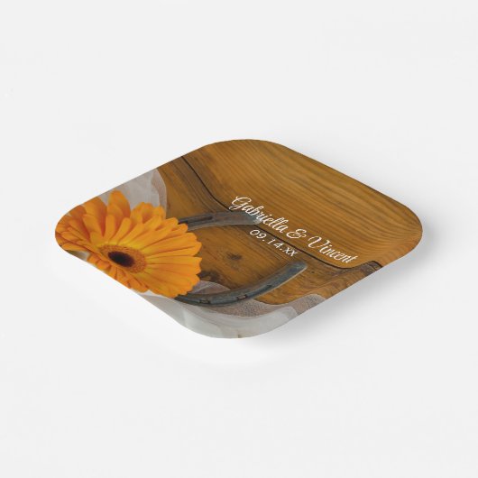 オレンジデイジー&ホースシューカントリーウェスタン結婚ズ ペーパープレート (傾斜あり)