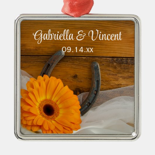 オレンジデイジー&ホースシューカントリーウェスタン結婚ズ メタルオーナメント (正面)